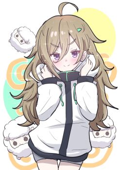 1girl ahoge brown_hair closed_mouth commentary_request cowboy_shot curly_hair giorgio_(yo_sumire_sola1) grey_shorts hair_between_eyes hair_ornament hands_up hibi_wa_sugiredo_meshi_umashi higa_tsutsuji highres jacket long_hair long_sleeves looking_at_viewer purple_eyes sheep shorts smile solo sparkle split_mouth white_jacket