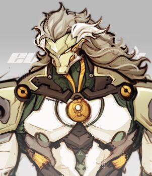 1boy banyue_(zenless_zone_zero) bara commentary english_commentary ey3linr grey_hair highres long_hair looking_at_viewer male_focus muscular muscular_male robot_boy upper_body zenless_zone_zero