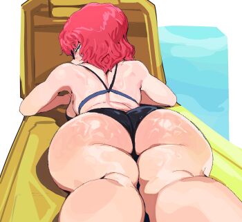 1girl absurdres ass backboob bikini black_bikini breasts chair commission facing_away from_behind gundam gundam_zz haman_karn highres looking_back lounge_chair lying on_stomach pink_hair pool second-party_source shiny_skin short_hair shutter_shades simple_background solo swimsuit wet whoopsatro