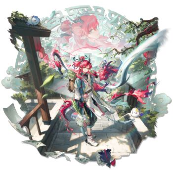 Rule 34 | 1boy, :3, aqua jacket, architecture, arknights, backpack basket, bag, basket, belt, black socks, blue hair, blue horns, blue shirt, blue shorts, blue tail, brown belt, cabbage, canteen, city, collared shirt, colored shoe soles, colored skin, day, dragon, dragon bean (arknights), dragon boy, dragon horns, dragon tail, drunk, dual persona, earrings, east asian architecture, eastern dragon, eastern dragon horns, eastern dragon tail, floating hair, floral print, flyer, food, full body, gold necklace, gradient eyes, gradient hair, green eyes, hair intakes, hair rings, highres, holding, holding bag, holding food, horn ornament, horns, jacket, jewelry, kang yiqian (self cultivation), lantern, ling (arknights), long hair, multicolored eyes, multicolored hair, necklace, official alternate costume, official art, open clothes, open jacket, outdoors, paper lantern, parted bangs, pelvic curtain, pointy ears, ponytail, puffy sleeves, red eyes, red hair, red skin, ring, robe, shirt, shoes, shopping bag, short sleeves, shorts, shu (arknights), single earring, single hair ring, sneakers, socks, solo, spring onion, stairs, standing, stone stairs, streaked hair, tachi-e, tail, tassel, third-party source, transparent background, tree, white robe, white shoes, xiangyun, yu (arknights), yu (clear morning view) (arknights)