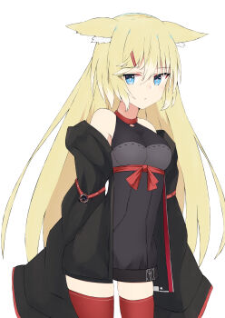 1girl absurdres animal_ear_fluff animal_ears bare_shoulders black_jacket blonde_hair blue_eyes breasts closed_mouth commentary_request dress grey_dress hair_ornament hairclip highres jacket long_hair long_sleeves looking_at_viewer medium_breasts multicolored_hair nyaha off_shoulder open_clothes open_jacket original red_thighhighs simple_background solo streaked_hair thighhighs very_long_hair white_background white_hair wide_sleeves