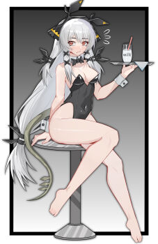 1girl absurdres alternate_costume arknights bare_legs barefoot black_bow black_bowtie black_leotard border bow bowtie breasts bright_pupils chinese_commentary cleavage collarbone commentary_request covered_navel cup detached_collar drink drinking_glass drinking_straw feet flying_sweatdrops full_body gradient_background grey_hair hair_ornament highres holding holding_tray leotard long_hair medium_breasts milk muusn on_stool outside_border playboy_bunny red_eyes sitting solo stool strapless strapless_leotard tail toes traditional_bowtie tray very_long_hair weedy_(arknights) white_border white_pupils wrist_cuffs x_hair_ornament