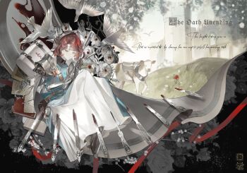 Rule 34 | 1girl, armor, artist logo, bird, blue eyes, blue jacket, book, boots, brown boots, buttons, castle, closed mouth, club (weapon), commentary, cow, double-breasted, english commentary, english text, first aid kit, flower, full body, gauntlets, grey flower, helmet, highres, holding, holding club, holding weapon, jacket, knees up, knife, logo, long skirt, looking down, marsha (reverse:1999), maruma gozu, red hair, reverse:1999, short hair, shoulder armor, skirt, solo, weapon, white bird, white skirt