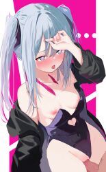 Rule 34 | ..., 1boy, 1girl, absurdres, aqua hair, bare shoulders, black jacket, black leotard, blue eyes, blush, breasts, cleavage, clothing cutout, covered navel, hatsune miku, heart cutout, hetero, highres, jacket, large breasts, leotard, long sleeves, looking to the side, memekko, nipples, open mouth, pantyhose, penis, pink background, playboy bunny, rabbit hole (vocaloid), solo focus, sweat, tongue, tongue out, twintails, two-tone background, vocaloid