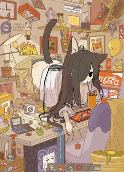 1girl ?_block absurdly_detailed_composition aku_aku among_us angry_birds animal_ear_fluff ass backwards_long_jump bags_under_eyes bedroom bendy bendy_and_the_ink_machine black_eyes bottle bowser breasts cassette_player cat_girl cat_tail chair character_request cherry cigarette cleavage coca-cola computer_keyboard copyright_request crash_bandicoot_(series) creeper crewmate_(among_us) dead_body_(among_us) desk_lamp doge drinking food fruit game_boy gen_2_pokemon ghast glass hair_over_one_eye handheld_game_console heads-up_display highres indoors instrument internet_explorer juice lamp large_breasts loaded_interior long_sleeves magnifying_glass mario mario_(series) meat_boy meme mike_no_hito minecraft monitor mousepad_(object) nintendo office_chair orange_(fruit) orange_juice orange_slice original pancake pancake_stack piano plant pokemon potted_plant red_(among_us) red_(angry_birds) shelf shirt smoking solo spray_bottle super_mario_64 super_meat_boy super_mushroom swivel_chair tail tamagotchi this_is_fine_(meme) through_medium through_screen too_literal towel ursaring user_interface venus_flytrap white_shirt
