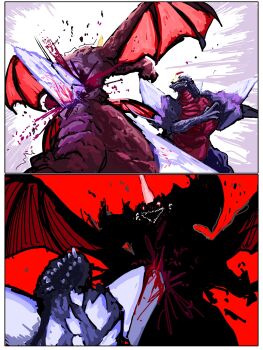 back_spikes blood crystal destoroyah fangs fighting gigan_(gigan1024896) godzilla_(series) highres horns kaiju low_wings red_background silhouette single_horn spacegodzilla stab wings
