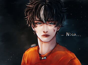 Rule 34 | 1boy, aegyo sal, black hair, blood, blood on face, bruise, bruise on face, english text, furrowed brow, green eyes, highres, injury, jewelry, male focus, necklace, oladushekcos, orange shirt, percy jackson and the olympians, shirt, short hair, single hair streak, solo, upper body, worried