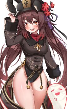 1girl adapted_costume animal_ears black_headwear black_leotard black_nails blush breasts brown_hair clothing_cutout embarrassed fake_animal_ears fang flower flower-shaped_pupils genshin_impact ghost hat hat_flower highres hip_vent hu_tao_(genshin_impact) leotard long_sleeves medium_breasts nail_polish nontraditional_playboy_bunny open_mouth porkpie_hat red_eyes rokita simple_background sleeves_past_wrists symbol-shaped_pupils tailcoat teeth thighs twintails upper_teeth_only white_background wide_hips wide_sleeves
