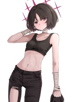1girl absurdres bandaged_neck bandaged_wrist bandages barbell_piercing black_pants black_sports_bra blue_archive brown_hair commentary coralreef966 cowboy_shot ear_piercing halo hand_in_own_hair highres holding holding_unworn_clothes industrial_piercing light_blush looking_at_viewer misaki_(blue_archive) navel pants piercing red_eyes red_halo short_hair simple_background sports_bra stomach sweatdrop torn_clothes torn_pants
