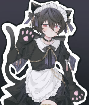 1boy ahoge animal_ears animal_hands back_bow black_dress black_hair blush bow cat_ears cat_paws cat_tail chain closed_mouth collar cowboy_shot crossdressing crossdressing_(mtf) dot_mouth dress earrings ensemble_stars! fake_animal_ears fake_tail hair_between_eyes highres jewelry juliet_sleeves long_sleeves maid maid_headdress male_focus outline pawpads puffy_shorts puffy_sleeves red_eyes sakuma_ritsu short_hair shorts solo tail tailcoat tumu_ri_o white_collar white_outline