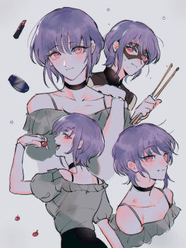 Rule 34 | 1girl, bang dream!, bang dream! it's mygo!!!!!, berry, black choker, black mask, black shirt, black skirt, choker, closed mouth, commentary, compact (cosmetics), cosmetics, domino mask, drumsticks, eye mask, food, grey background, grey shirt, highres, holding, holding drumsticks, holding food, lipstick tube, mask, maybecrosswise, multiple views, off-shoulder shirt, off shoulder, open mouth, parted lips, pink eyes, purple hair, shirt, short hair, skirt, smile, sweat, yuutenji nyamu