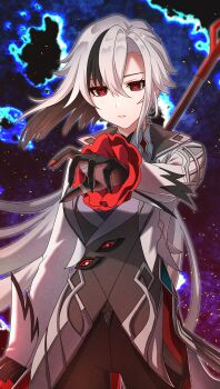 1girl absurdres arlecchino_(genshin_impact) black_eyes black_hair black_hands black_pants breasts coat colored_extremities commentary_request cowboy_shot fingernails genshin_impact grey_coat hair_between_eyes highres holding holding_behind_back holding_polearm holding_weapon holding_weapon_behind_back long_fingernails long_hair long_sleeves looking_at_viewer medium_breasts multicolored_hair otiba_n pants parted_lips polearm ponytail reaching reaching_towards_viewer red_nails red_pupils solo streaked_hair symbol-shaped_pupils very_long_hair weapon white_hair x-shaped_pupils