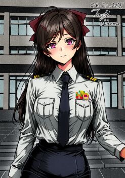 1girl ahoge alternate_costume artist_name black_necktie black_skirt blush breasts brown_hair collared_shirt commentary_request dated hair_ornament hair_ribbon hairclip highres hisama_tomoki japan_maritime_self-defense_force japan_self-defense_force kantai_collection large_breasts long_hair long_sleeves looking_at_viewer mamiya_(kancolle) military military_dress_uniform military_rank_insignia military_uniform muneate naval_dress_uniform naval_uniform necktie one-hour_drawing_challenge outdoors ponytail red_eyes red_ribbon ribbon ribbon_bar shirt shoulder_boards skirt smile solo upper_body white_shirt