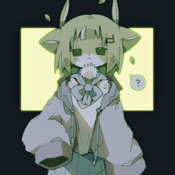 1girl :&lt; ? absurdres animal_ears bad_id bad_twitter_id black_eyes blue_skirt bow bowtie brown_fur brown_hair cat_ears closed_mouth cowboy_shot deformed dot_nose drawstring furry furry_female grey_bow grey_bowtie highres hood hood_down hoodie long_sleeves looking_at_viewer medium_hair missing_commentary neck_fur nikamoka no_sclera open_clothes open_hoodie original pleated_skirt shirt short_eyebrows skirt solo spoken_question_mark white_shirt wide_sleeves