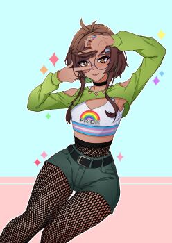 1girl :d absurdres antenna_hair arm_up artist_self-insert bare_shoulders belt black_belt black_choker blue_background blue_nails blush bright_pupils brown_eyes brown_hair choker clothes_writing clothing_cutout colored_inner_hair commentary crop_top cropped_shirt curvy dark-skinned_female dark_skin denim denim_shorts diagonal_bangs english_commentary feet_out_of_frame finger_frame fishnet_pantyhose fishnets flat_chest glasses green_hair green_shirt green_shorts hand_up heart_cutout high-waist_pantyhose highres lgbt_pride lillianne_(megumo) long_sleeves looking_at_viewer megumo midriff multicolored_hair multicolored_nails nail_polish open_mouth original outline pantyhose pink_background pink_nails puffy_long_sleeves puffy_sleeves purple-framed_eyewear rainbow_flag round_eyewear shirt short_hair_with_long_locks short_shorts shorts shoulder_cutout sitting smile solo sparkle tank_top teeth thick_thighs thighs tongue tongue_out transgender_flag two-tone_background two-tone_hair upper_teeth_only white_nails white_outline white_pupils white_tank_top