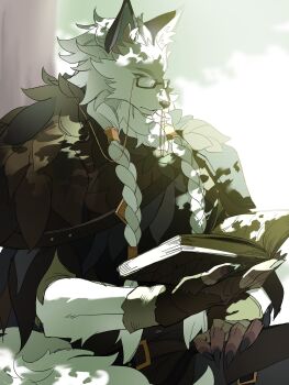 1boy afk_(series) afk_journey animal_ears book braid brown_gloves claws closed_mouth commentary_request faramor_(afk) fingerless_gloves furry furry_male glasses gloves highres holding holding_book male_focus open_book reading sakiika_sakki sitting tail tree under_tree wolf_boy wolf_ears wolf_tail