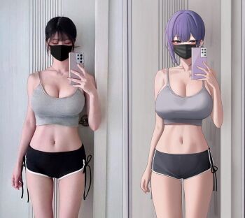 1girl artist_self-insert artist_self-reference asian bare_shoulders biya_(1024) black_shorts blue_eyes blush breasts cellphone cleavage collarbone comparison cosplay cosplay_photo dolphin_shorts grey_sports_bra korean large_breasts long_hair mask mouth_mask navel original phone photo_(medium) ponytail purple_hair real_life real_life_insert selfie short_shorts shorts solo sports_bra tagme thighs yuna_(biya_(1024))