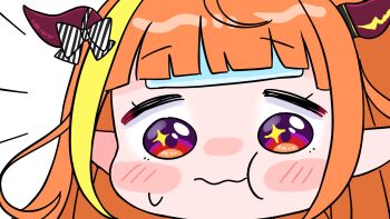 1girl :t blonde_hair blush_stickers bow chibi closed_mouth diagonal-striped_bow dragon_horns eating highres hololive horn_bow horn_ornament horns kiryu_coco long_hair looking_at_viewer mochimiko multicolored_hair orange_hair pointy_ears purple_eyes simple_background small_sweatdrop solo sparkling_eyes streaked_hair striped_bow sweat virtual_youtuber wavy_mouth white_background