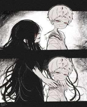 Rule 34 | adashino adami, bandaged head, bandages, black hair, black kimono, blood, blood on face, commentary, english commentary, hands on another's shoulder, highres, homicipher, hood, hood up, japanese clothes, kimono, long hair, looking at another, mr. crawling, raincoat, red eyes, short hair, spot color, sweeeet him, very long hair