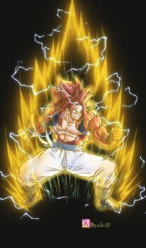1boy absurdres aura beatlo_(rodrigo38658978) black_background black_shirt black_vest blue_eyes body_fur brown_fur cropped_vest dragon_ball dragon_ball_gt electricity full_body gogeta highres long_hair male_focus metamoran_vest muscular muscular_male no_shirt pants powering_up red_hair shirt simple_background solo spiked_hair super_saiyan super_saiyan_4 vest white_pants