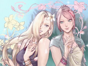 2girls arrow_(symbol) bare_shoulders bleeehrghw blonde_hair blue_eyes collarbone commentary dress english_commentary haruno_sakura long_hair multiple_girls naruto:_the_last naruto_(series) pink_hair purple_dress short_hair spaghetti_strap upper_body yamanaka_ino