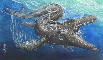 air_bubble animal_focus bubble commentary_request dinosaur gyolome_club mosasaurus no_humans ocean original traditional_media underwater