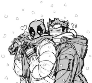 2boys arm_around_shoulder blush closed_eyes coat couple deadpool deadpool_&amp;_wolverine deadpool_(series) dishing facial_hair gloves heart hood hood_down long_sleeves male_focus marvel marvel mask monochrome multiple_boys muscular muscular_male scarf short_hair snow snowing winter winter_clothes wolverine_(x-men) x-men yaoi