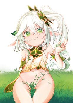 1girl arasi379 armlet bare_shoulders braid closed_mouth clothes_lift convenient_censoring cowboy_shot dress dress_lift elf eyelashes female_focus flower-shaped_pupils genshin_impact gradient_hair grass green_dress green_eyes green_hair grey_hair hair_ornament hand_up jewelry loli long_hair long_pointy_ears looking_at_viewer mihoyo multicolored_hair nahida_(genshin_impact) navel no_panties on_floor pointy_ears ponytail side_ponytail simple_background sitting sleeveless sleeveless_dress smile solo symbol-shaped_pupils two-tone_dress two-tone_hair variant_set white_background white_dress