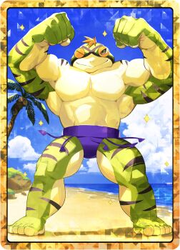 Rule 34 | beach, frog, frog rock (monster farm), golem (monster farm), highres, line: monster farm, monster farm, muscular, official art, one eye closed, sumo, wink
