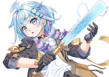 1girl :o ahoge black_choker blue_eyes blue_hair bow braid brown_gloves brown_jacket brown_skirt choker collarbone commentary_request cosplay dutch_angle gloves hair_bow hair_ornament hair_over_shoulder hairclip holding holding_sword holding_weapon hololive hololive_dev_is honkai:_star_rail honkai_(series) jacket long_hair long_sleeves looking_at_viewer low_twintails miri_(ago550421) mizumiya_su multicolored_hair o-ring o-ring_choker open_clothes open_jacket open_mouth pink_hair purple_bow shirt signature simple_background skirt solo stelle_(honkai:_star_rail) stelle_(honkai:_star_rail)_(cosplay) streaked_hair sword trailblazer_(honkai:_star_rail) twin_braids twintails upper_body virtual_youtuber weapon white_background white_shirt