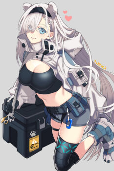 1girl absurdly_long_hair animal_ears arknights aurora_(arknights) aurora_(elite_ii)_(arknights) bear_ears black_gloves black_hairband blue_eyes breasts clawed_boots cleavage commentary crop_top dated foot_out_of_frame gloves grey_background grey_shorts hairband heart holding_cooler infection_monitor_(arknights) large_breasts long_hair long_sleeves looking_at_viewer midriff nishi_juuji paw_shoes short_shorts shorts shrug_(clothing) simple_background smile solo very_long_hair white_hair white_shrug