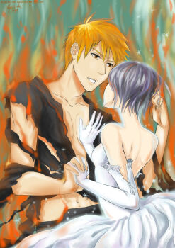 Rule 34 | 1boy, 1girl, absurdres, back, bare back, bare shoulders, bleach, dress, fire, gloves, holding hands, hand on another's chest, hetero, highres, interlocked fingers, kuchiki rukia, kurosaki ichigo, looking at another, orange hair, parted lips, purple hair, short hair, snowflakes, strapless, strapless dress, torn clothes, white dress, white gloves, yuria-chu
