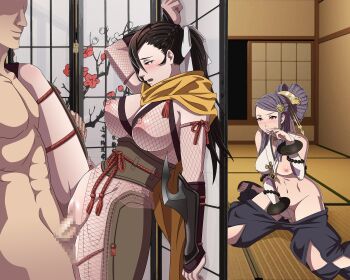 1boy 2girls braid breasts breasts_out brown_eyes brown_hair caught censored covered_erect_nipples female_focus female_masturbation finger_to_mouth fingering fingernails fire_emblem fire_emblem_fates fishnets functionally_nude hair_ornament hair_over_one_eye hair_ribbon hetero huge_breasts indoors kagero_(fire_emblem) kneeling large_breasts leenvidia leg_up long_fingernails long_hair masturbation midriff multiple_girls nail_polish navel ninja nintendo nipples nude oiran one_eye_covered orochi_(fire_emblem) pelvic_curtain penis pink_eyes ponytail purple_eyes purple_hair pussy ribbon scarf sex standing standing_sex thighs vaginal voyeurism