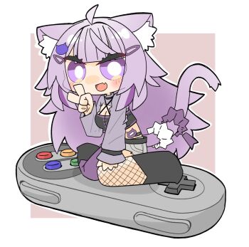 Rule 34 | 1girl, ahoge, and takashi, animal ear fluff, animal ears, asymmetrical legwear, black choker, black shirt, black shoes, blunt bangs, blush, cat ears, cat girl, cat hair ornament, cat tail, chibi, chibi only, choker, commentary request, controller, cropped shirt, fang, fishnet leggings, game console, game controller, grey shorts, grey shrug, gyaru, hair ornament, hairclip, halterneck, highres, hololive, leggings, long sleeves, looking at viewer, medium hair, mini person, minigirl, mismatched legwear, nekomata okayu, nekomata okayu (gyaru), official alternate costume, open mouth, outline, parallel hairclips, pink background, purple eyes, purple hair, purple leggings, purple scrunchie, scrunchie, shirt, shoes, shorts, shrug (clothing), simple background, sitting, skin fang, sleeves past wrists, smile, solo, super famicom, tail, tail scrunchie, torn clothes, torn shorts, v, v-shaped eyebrows, virtual youtuber, wariza, white outline, white scrunchie