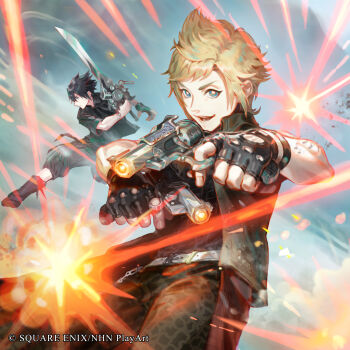 Rule 34 | 2boys, absurdres, black hair, black jacket, black vest, blonde hair, commentary, copyright notice, dissidia duellum final fantasy, dissidia final fantasy, dual wielding, engine blade, english commentary, fighting stance, final fantasy, final fantasy xv, fingerless gloves, gloves, gun, handgun, highres, holding, holding sword, holding weapon, jacket, multiple boys, noctis lucis caelum, official art, prompto argentum, revolver, smile, spiked hair, sword, vest, weapon