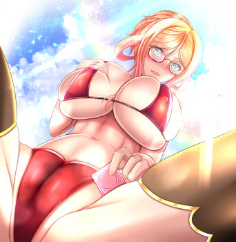 1girl absurdres alternate_hairstyle ass ass_focus bikini blonde_hair breasts cameltoe condom curvy full_body glasses hand_on_own_chest hand_on_own_hip highleg highres huge_breasts kanna_(minamozuki) kosaka_shizuru long_hair low_angle nail_polish open_mouth pantyhose ponytail pubic_tattoo red_bikini shiny_skin side-tie_bikini_bottom smile spread_legs swimsuit taimanin_(series) taimanin_rpgx taimanin_yukikaze tattoo thong thong_bikini very_long_hair white_background wide_hips