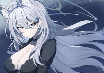 1girl absurdres animal_ear_fluff animal_ears black_choker blue_archive blue_eyes breasts choker cleavage commentary cross cross_hair_ornament dark_halo extra_ears grey_hair hair_between_eyes hair_ornament halo highres inverted_cross large_breasts lil_monster_(zbuta_turatan) long_hair looking_at_viewer mismatched_pupils shiroko_terror_(blue_archive) shooting_star sideways_glance solo wolf_ears wolf_girl