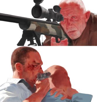3boys absurdres age_difference bald better_call_saul blood bolt-action_rifle bolt_action breaking_bad colt&#039;s_manufacturing_company colt_officer&#039;s_acp gun handgun highres holding holding_gun holding_weapon hostage juan_bolsa m1911 male_focus mike_ehrmantraut multiple_boys nacho_varga old old_man pistol remington_arms remington_model_700 rifle scope sgkg108 simple_background sketch sniper_rifle weapon