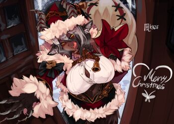 1girl absurdres animal_ear_fluff animal_ears artist_name bell blush breasts bursting_breasts chain christmas claw_mark claws cleavage covered_erect_nipples dark-skinned_female dark_skin door english_text fur_trim grey_hair hat highres horns ice krampus_(monster_girl_encyclopedia) large_breasts licking_lips looking_at_viewer midriff monster_girl monster_girl_encyclopedia multicolored_hair nakadashikaze open_door ribbon sack saliva saliva_trail santa_costume santa_hat segmented_horns sharp_teeth skull_ornament slit_pupils snow snowing teeth tongue tongue_out two-tone_hair unbuttoned unbuttoned_shirt white_hair yellow_eyes