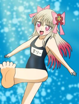 1girl barefoot blonde_hair chaos_marie_(grimms_notes) grimms_notes hair_ribbon long_hair old_school_swimsuit open_mouth pink_ribbon ribbon school_swimsuit smile solo swimsuit z47458030
