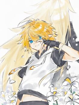 Rule 34 | 2boys, absurdres, ahoge, aotu world, back-to-back, black coat, black gloves, black shorts, blonde hair, blue eyes, chinese commentary, coat, crying, crying with eyes open, drawstring, falling petals, fingerless gloves, flower, gloves, god of creation (aotu world), hair between eyes, hand up, height difference, highres, hood, hood down, hoodie, implied yaoi, jinchuang zhi xiaonv, king (aotu world), long hair, looking at viewer, male focus, midriff, midriff peek, multicolored hoodie, multiple boys, navel, parted lips, petals, pointy ears, short hair, short sleeves, shorts, simple background, smile, tears, teeth, upper body, very long hair, white background, white flower, white hoodie, wiping tears