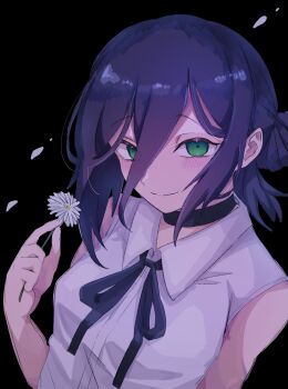 Rule 34 | 1girl, ayaka 488, bare shoulders, black background, black choker, black ribbon, blush, breasts, chainsaw man, choker, collared shirt, commentary, flower, green eyes, hair between eyes, highres, holding, holding flower, long hair between eyes, looking at viewer, medium hair, neck ribbon, purple hair, reze (chainsaw man), ribbon, shirt, simple background, sleeveless, sleeveless shirt, small breasts, solo, white flower, white shirt