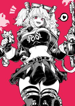 Rule 34 | 1girl, absurdres, breasts, burnice white, eyewear on head, fingerless gloves, flamethrower, gloves, heart, highres, holding, holding flamethrower, holding weapon, large breasts, looking at viewer, miniskirt, navel, open mouth, pleated skirt, red background, red eyes, skirt, smile, solo, speech bubble, spiked jacket, spoken heart, spot color, stomach, strapless, thighhighs, tube top, two side up, weapon, yotsumi shiro, zenless zone zero