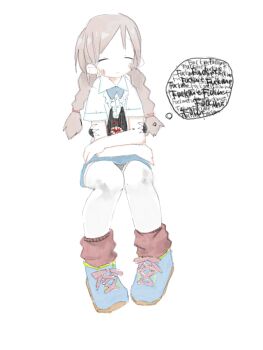 1girl blue_skirt blush braid brown_hair closed_eyes closed_mouth commentary creature creature_on_lap english_commentary english_text highres invisible_chair kujira long_hair low_twin_braids original panties panty_peek pigeon-toed red_socks shoes short_sleeves simple_background sitting skirt smile sneakers socks solo speech_bubble thighhighs thought_bubble twin_braids underwear upskirt white_background white_thighhighs