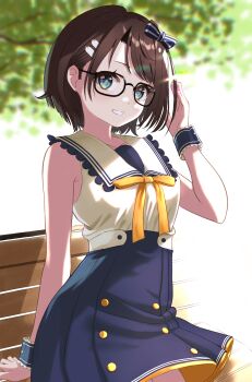 1girl absurdres armpit_crease bare_arms black_hair blue_eyes blue_skirt bow bowtie collarbone commentary_request frilled_sailor_collar frilled_shirt_collar frills glasses hair_bow high-waist_skirt highres hololive loafers long_hair looking_at_viewer nepitana official_alternate_costume oozora_subaru oozora_subaru_(9th_costume) sailor_collar sailor_shirt shirt shirt_tucked_in shoes short_hair skirt sleeveless sleeveless_shirt smile swept_bangs virtual_youtuber white_shirt wrist_cuffs yellow_bow yellow_bowtie
