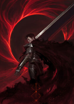 1boy alvarojh_art armor berserk berserker_armor black_armor black_cape black_hair brand_of_sacrifice cape dragonslayer_(sword) eclipse greatsword guts_(berserk) highres holding holding_sword holding_weapon huge_weapon one_eye_closed scar scar_on_face scar_on_nose short_hair solar_eclipse solo sword weapon