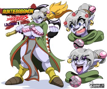 Rule 34 | 1girl, absurdres, babamon, breasts, digimon, digimon (creature), female focus, fusion, highres, large breasts, lilithmon, old, old woman, open mouth, original, sharp teeth, solo, teeth