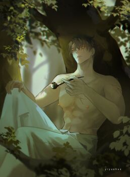 1boy absurdres black_eyes black_hair cigar hand_on_own_knee hand_up heterochromia highres holding holding_cigar knee_up looking_at_viewer male_focus muscular muscular_male nipples omniscient_reader&#039;s_viewpoint pants scar scar_across_eye scar_on_arm scar_on_chest scar_on_face scar_on_hand scratches secretive_plotter short_hair sitting solo topless_male white_pants yellow_eyes yiyuehua yoo_joonghyuk