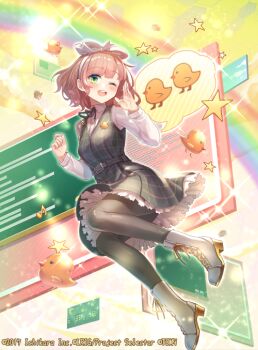 1girl asuka_hina black_pantyhose black_shirt black_skirt blush brown_hair copyright_notice green_eyes high_heels looking_at_viewer medium_hair nijisanji official_art one_eye_closed open_mouth ori_simo pantyhose shirt shoes skirt smile solo teeth upper_teeth_only virtual_youtuber white_shoes wixoss