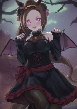 absurdres animal_ears black_dress brown_hair detached_sleeves dress fishnet_pantyhose fishnet_thighhighs fishnets halloween hanba_agu highres horse_ears horse_girl horse_tail pantyhose pink_eyes sakura_bakushin_o_(umamusume) symbol_in_eye tail thighhighs umamusume wings